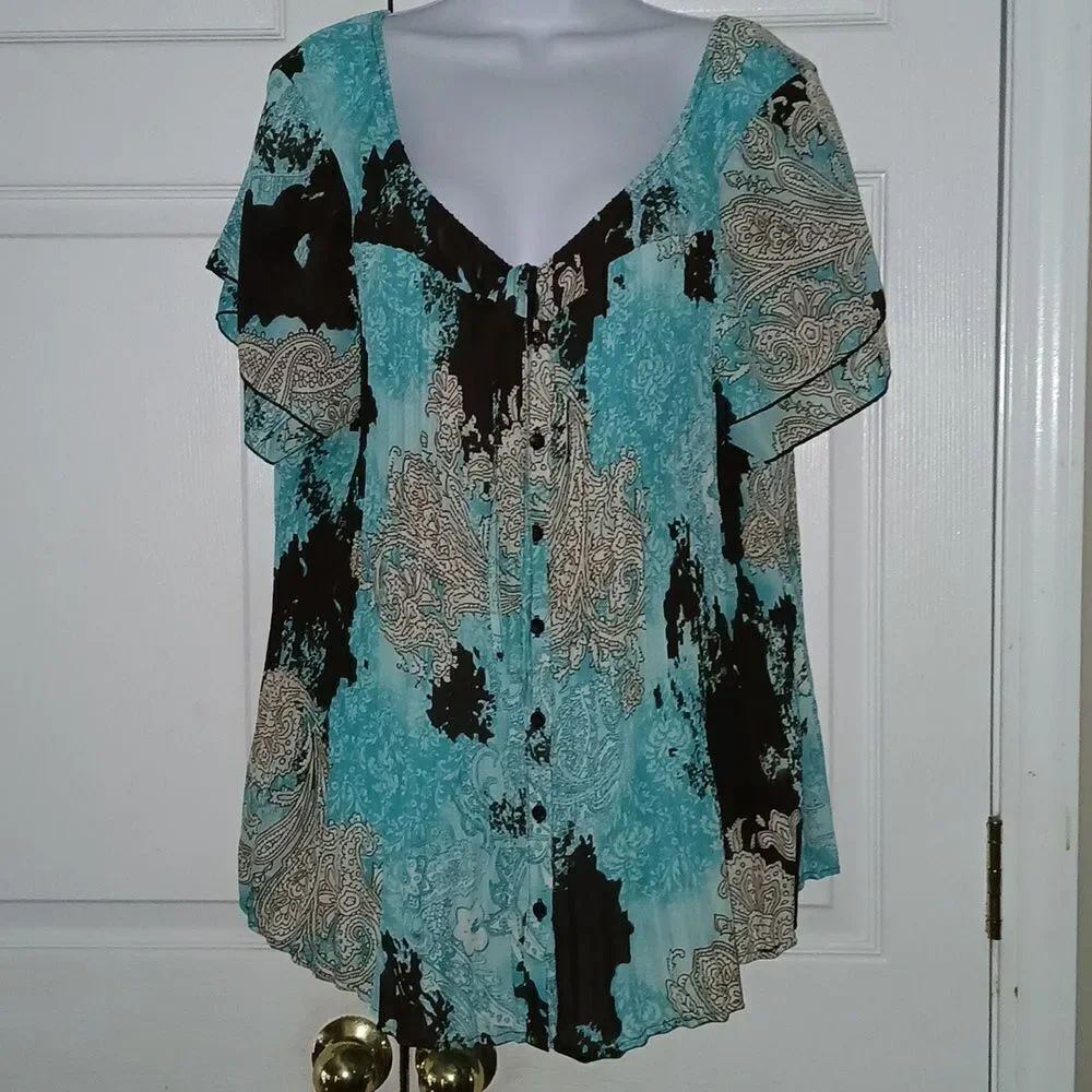 Signature by Larry Levine Woman crinkle black turquoise blouse Sz 2X NWOT